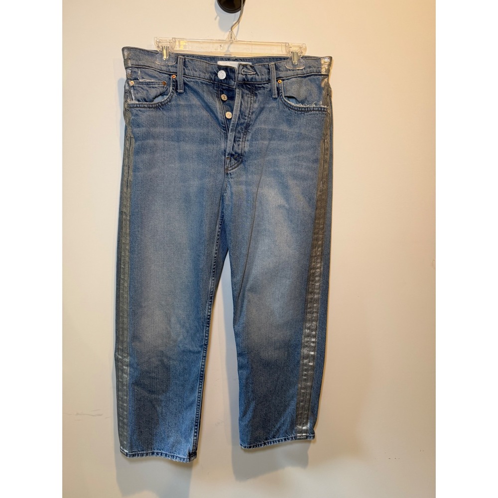Mother Superior Silver Stripe Straight Leg Jeans Blue Denim Button Fly Size 29